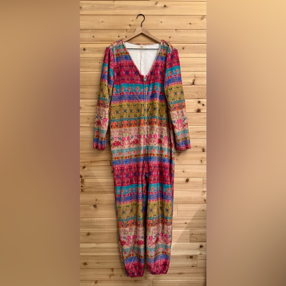 Natural Life Large Colorful Bohemian Fair Isle Print Fleece Zip Up One Piece PJ